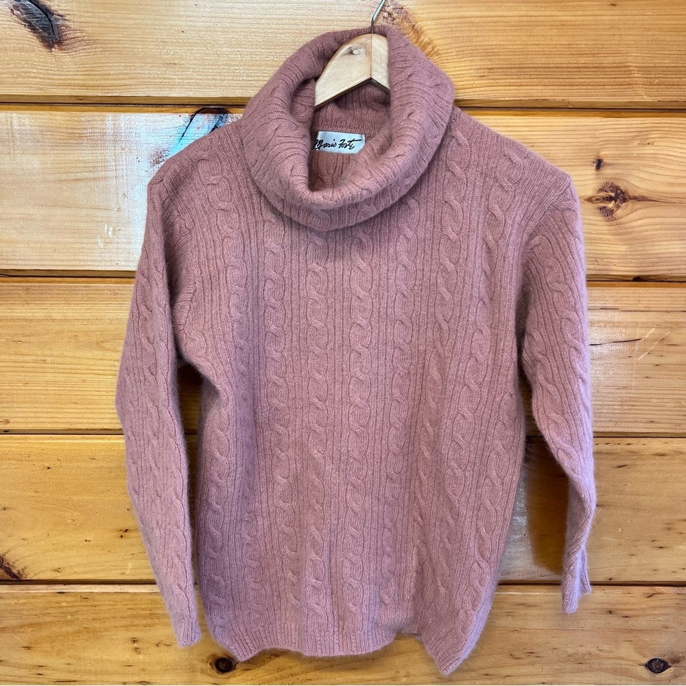 VTG MARIO FONTE Lambswool Blend Women's Cable Knit Turtleneck Sweater Dusty Pink